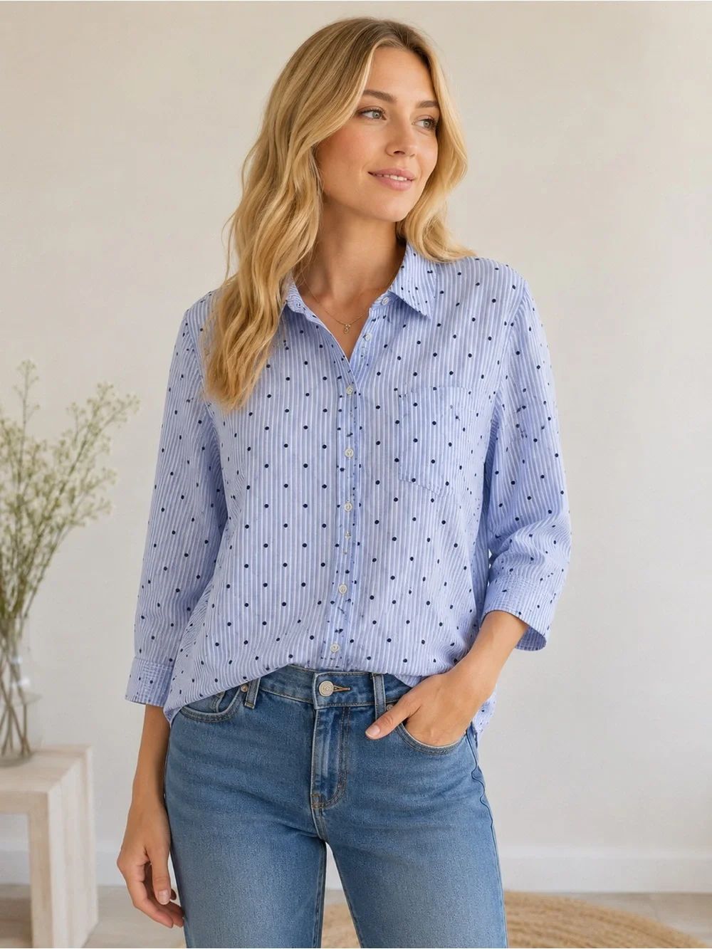 J. Jill Light Blue Striped Button-Down with Navy Dot Print